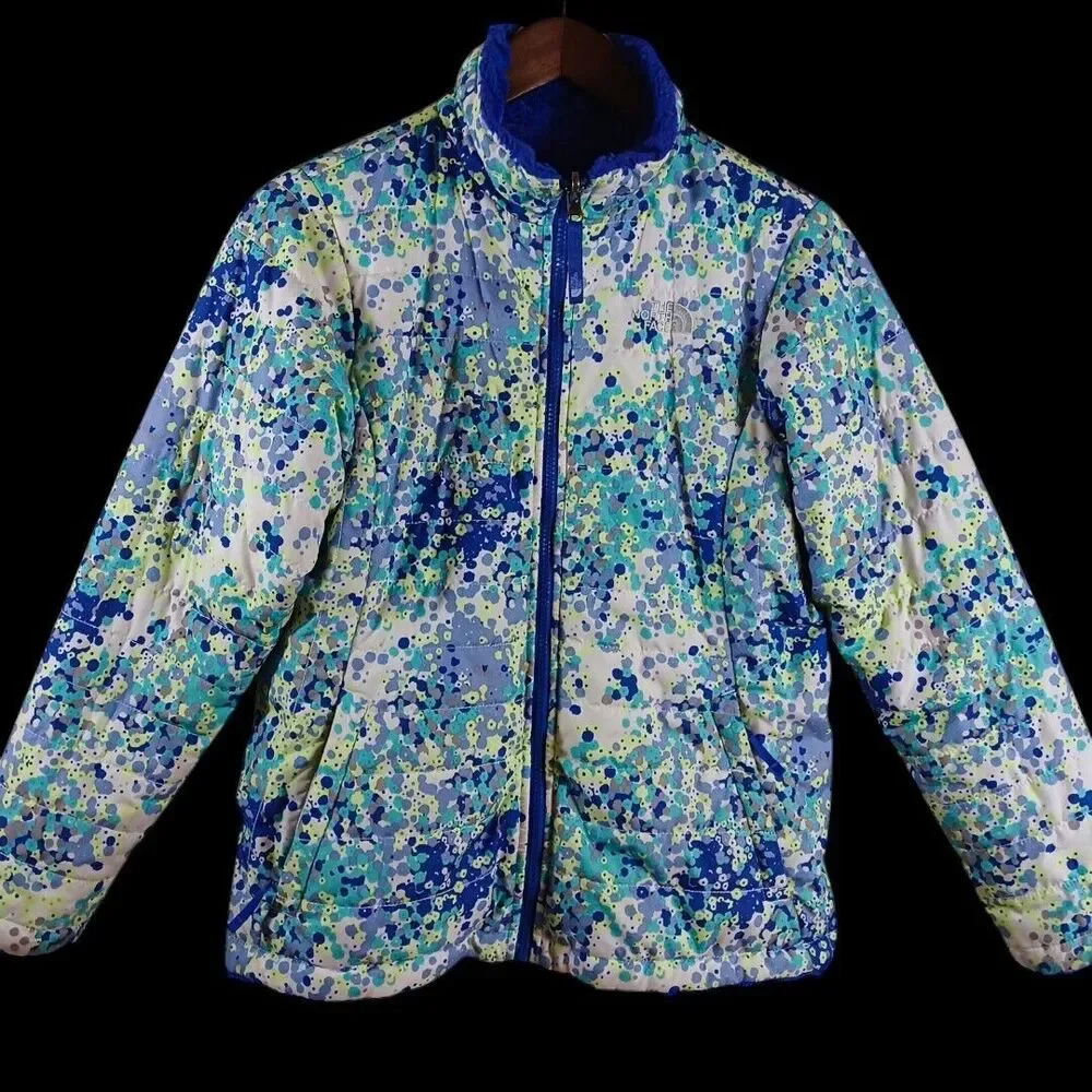 The North Face Reversible Quilted White Blue Floral Jacket Sherpa Girl Sz. XL 18